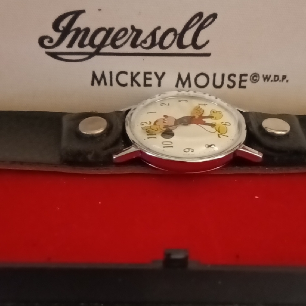 1971 Ingersoll White Dial Mickey Mouse Watch with Black Leather Strap
